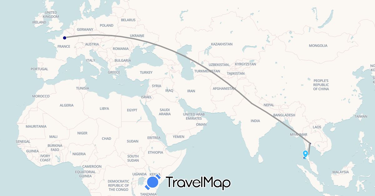 TravelMap itinerary: driving, plane, boat in France, India, Thailand (Asia, Europe)